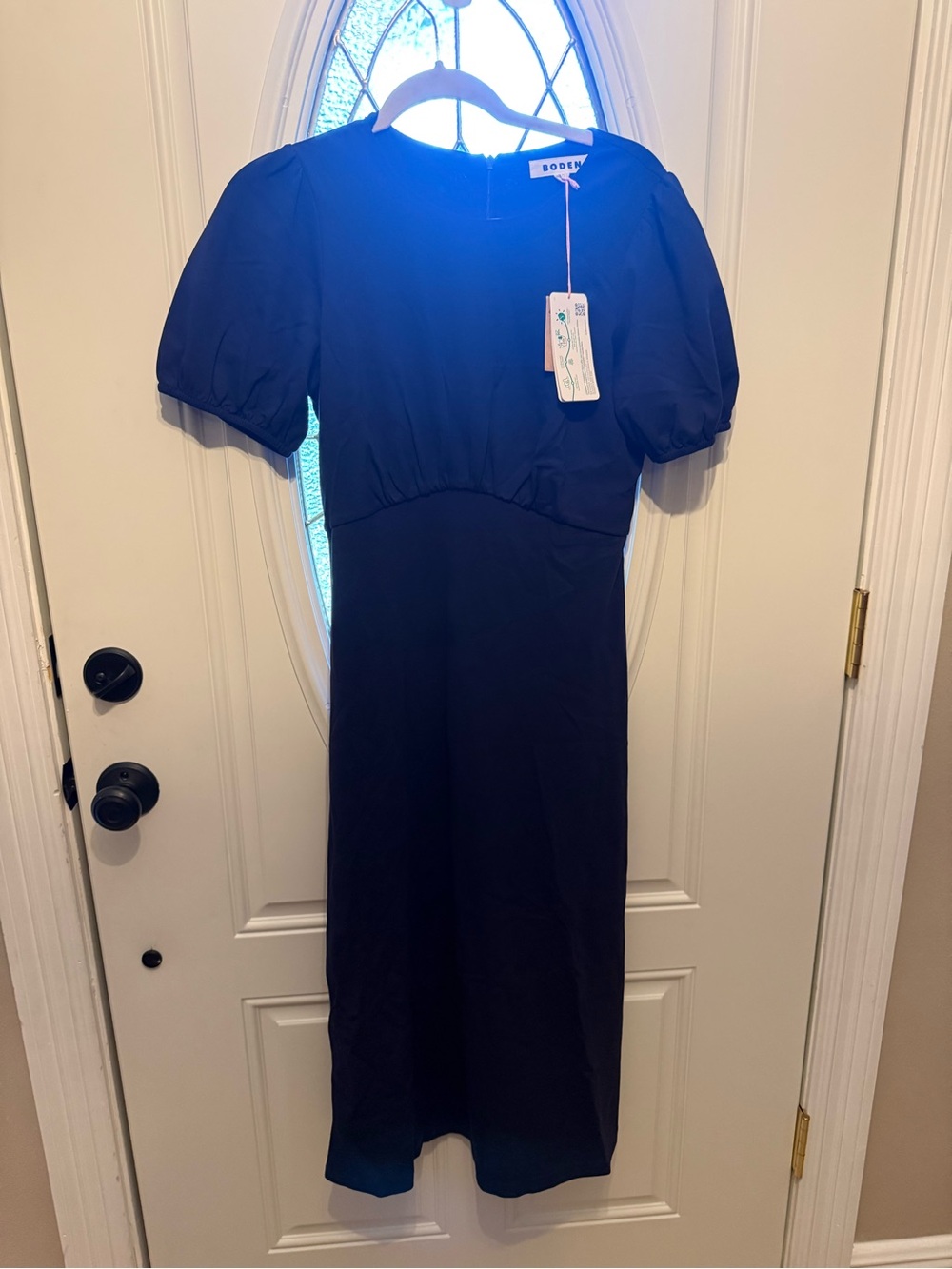 Boden Navy Midi Dress with Puff Sleeves